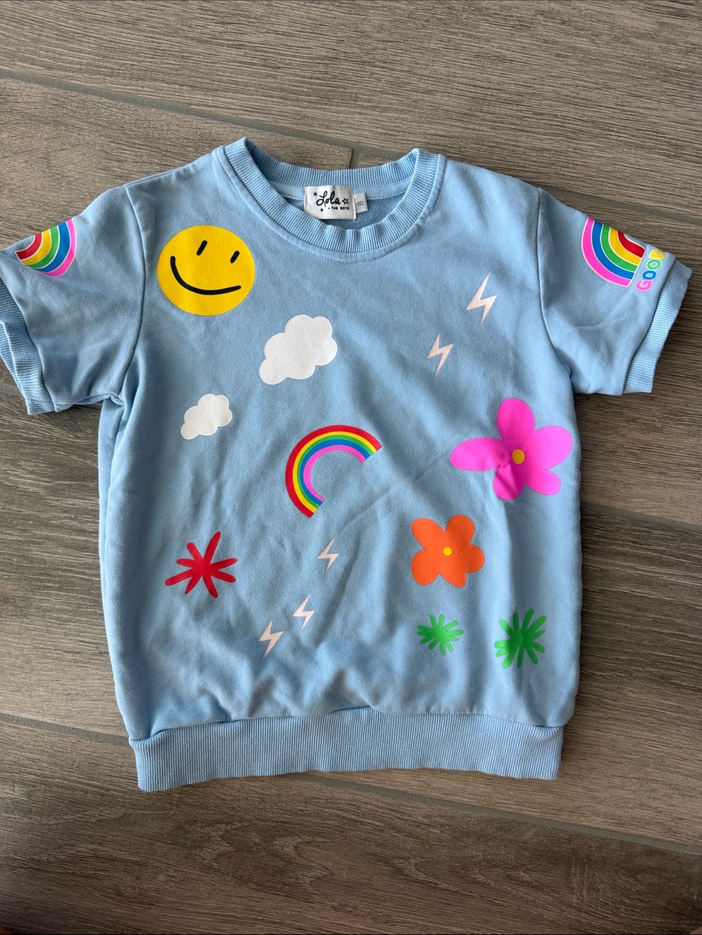 Lola + The Boys Blue Tee with Rainbow, Smiley & Flower Graphics sz 8